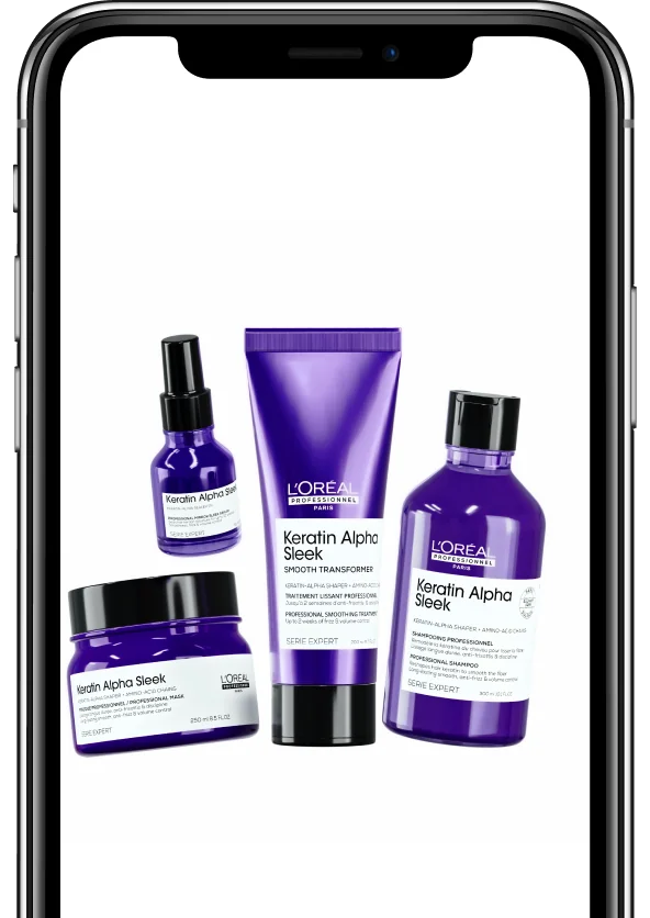 Смартфон с открытым изображением продукции Keratin Alpha Sleek
